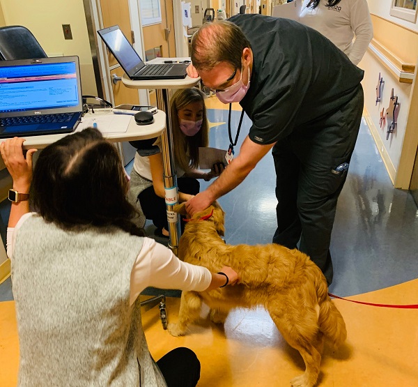 Residents with a Children's Hospital therapy dog in a hallway at the hospital.